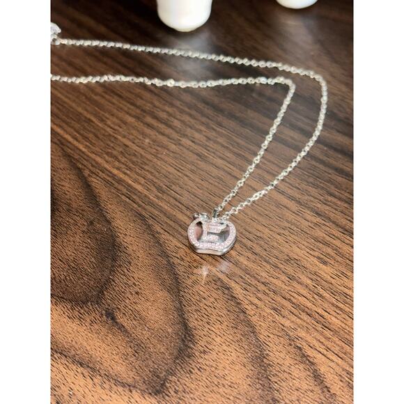 E Necklace silver-toned crystal-embellished apple pendant E New In Box - Picture 3 of 7